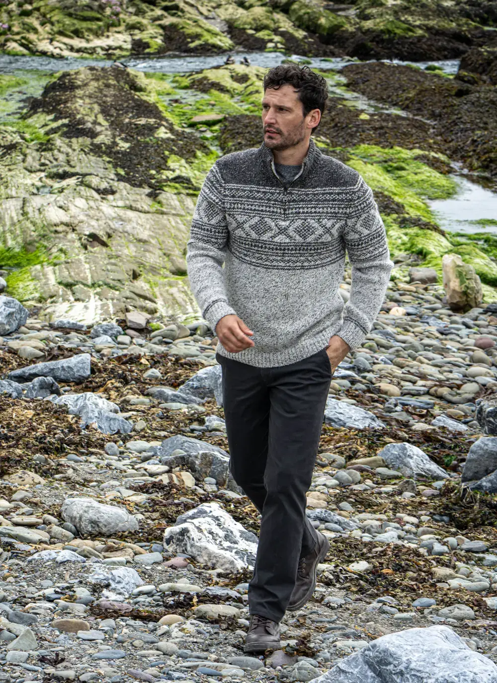 Fisherman Zip Neck Sweater With Jacquard Pattern
